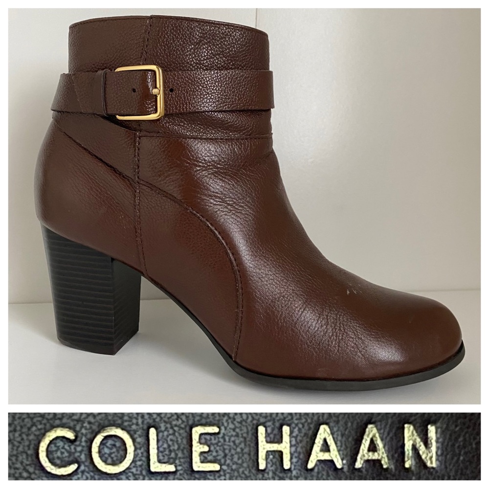 COLE HAAN Leather Ankle Bootie, Brown, 9